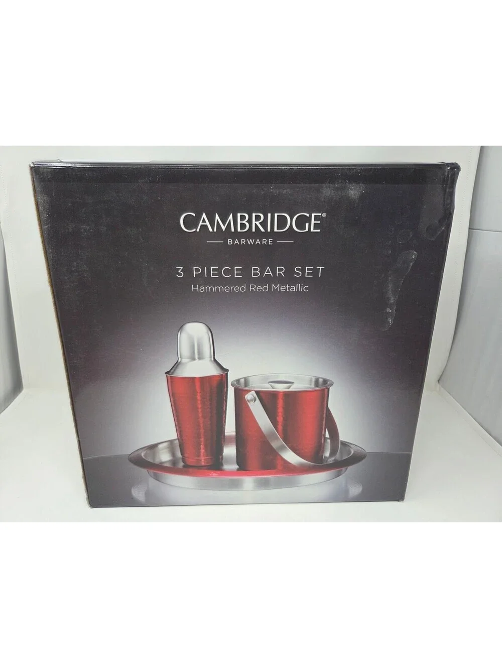 Cambridge Barware 3 Piece Bar Set Hammered Red Metallic Ice Bucket Shaker Tray